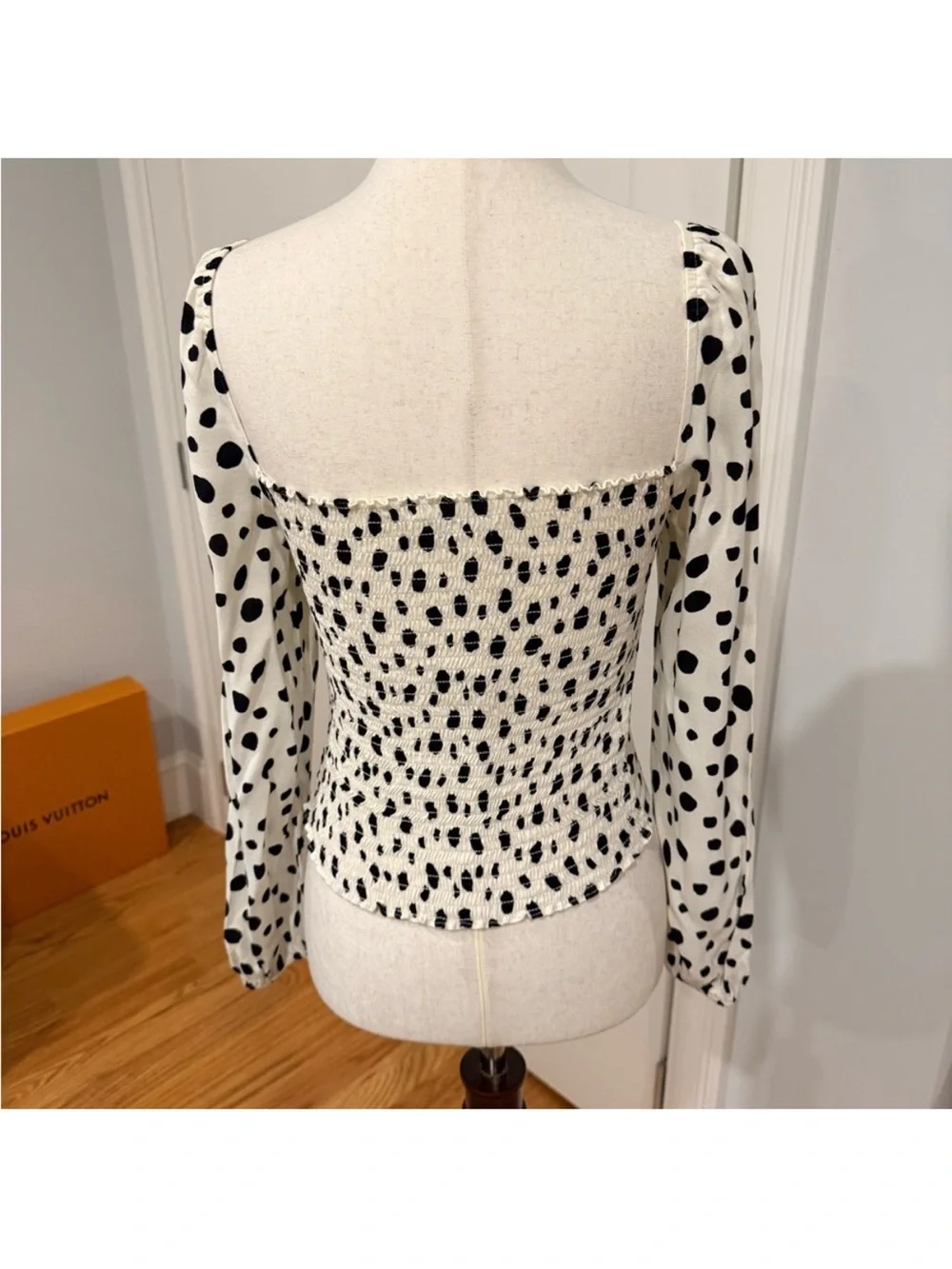 Reformation White and Black Spotted Square-Neck Long Sleeve Top